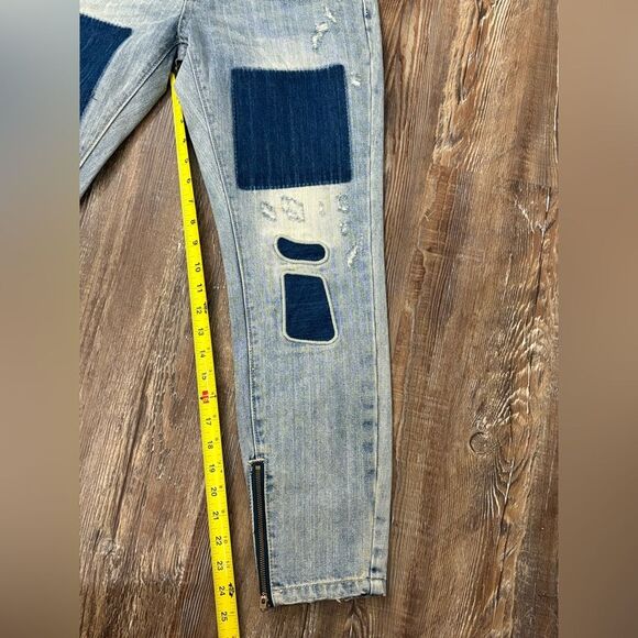One x One Teaspoon Denim Distressed Patch Work Straight Leg Blue Jeans Size 26 - Picture 5 of 10